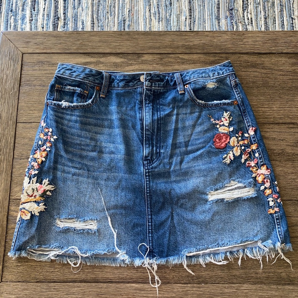 Blue Jean Skirt with Floral Design